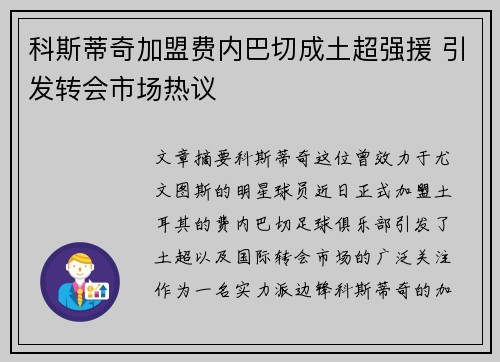 科斯蒂奇加盟费内巴切成土超强援 引发转会市场热议