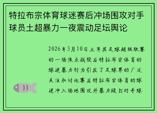 特拉布宗体育球迷赛后冲场围攻对手球员土超暴力一夜震动足坛舆论